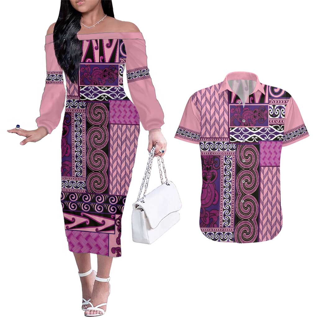 Pink Aotearoa Kowhaiwhai Pattern Couples Matching Off The Shoulder Long Sleeve Dress and Hawaiian Shirt NZ Maori Quilt Style