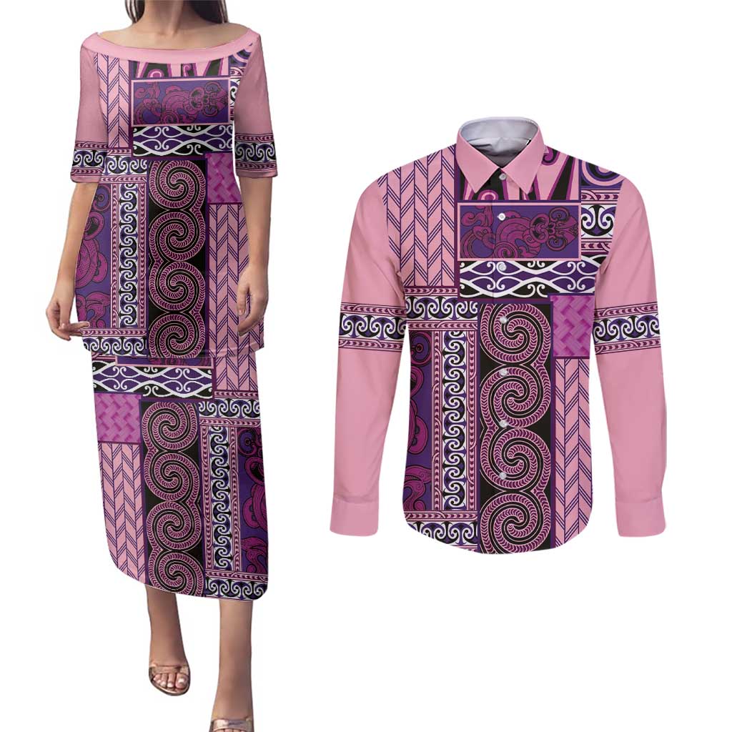 Pink Aotearoa Kowhaiwhai Pattern Couples Matching Puletasi and Long Sleeve Button Shirt NZ Maori Quilt Style