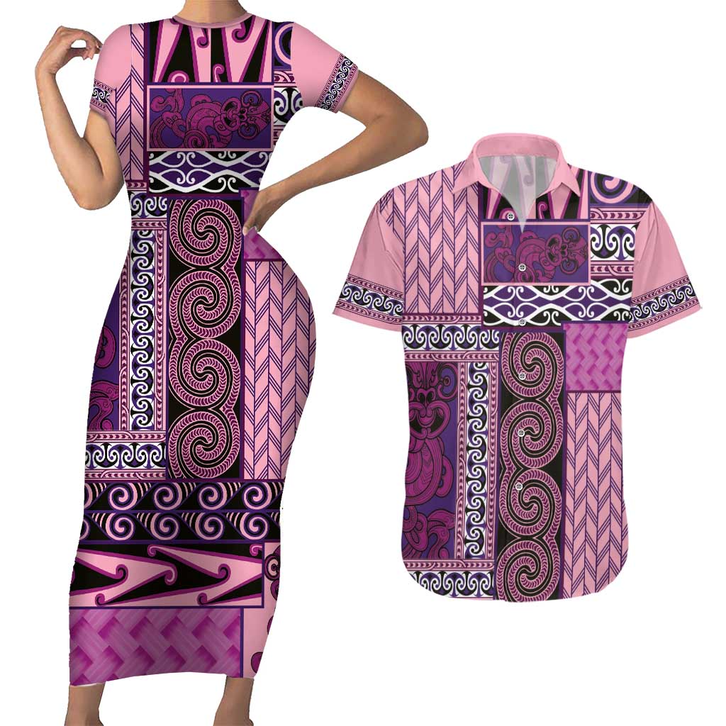 Pink Aotearoa Kowhaiwhai Pattern Couples Matching Short Sleeve Bodycon Dress and Hawaiian Shirt NZ Maori Quilt Style