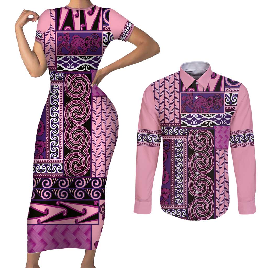 Pink Aotearoa Kowhaiwhai Pattern Couples Matching Short Sleeve Bodycon Dress and Long Sleeve Button Shirt NZ Maori Quilt Style