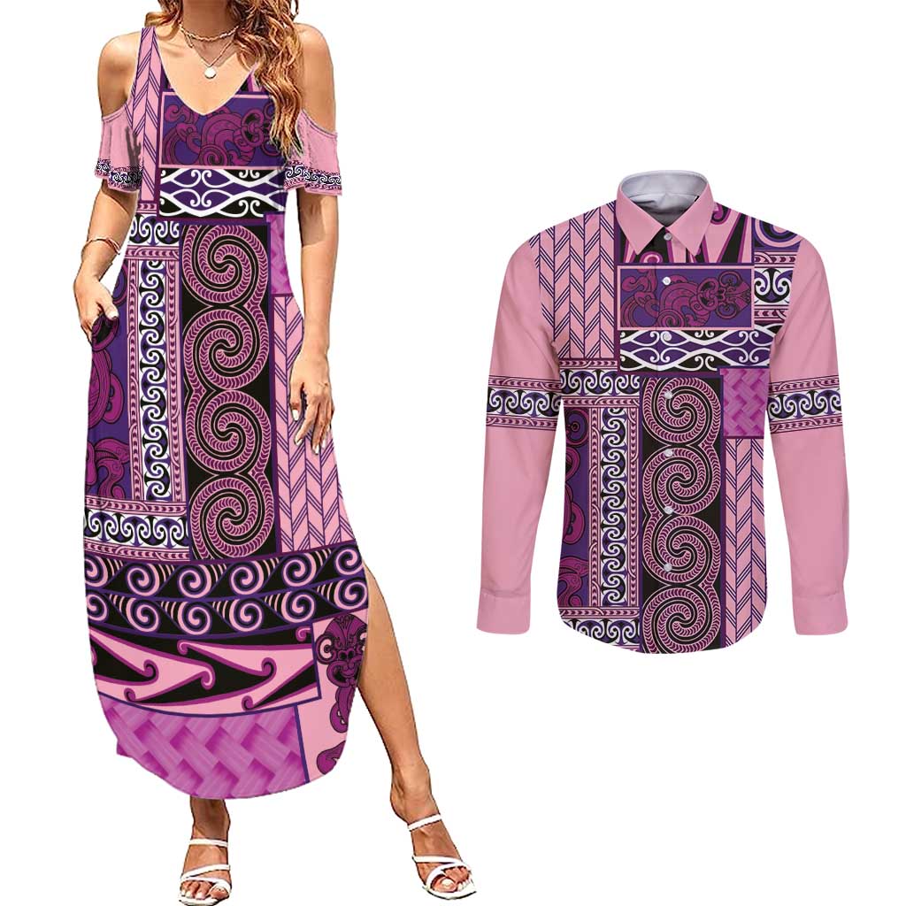 Pink Aotearoa Kowhaiwhai Pattern Couples Matching Summer Maxi Dress and Long Sleeve Button Shirt NZ Maori Quilt Style