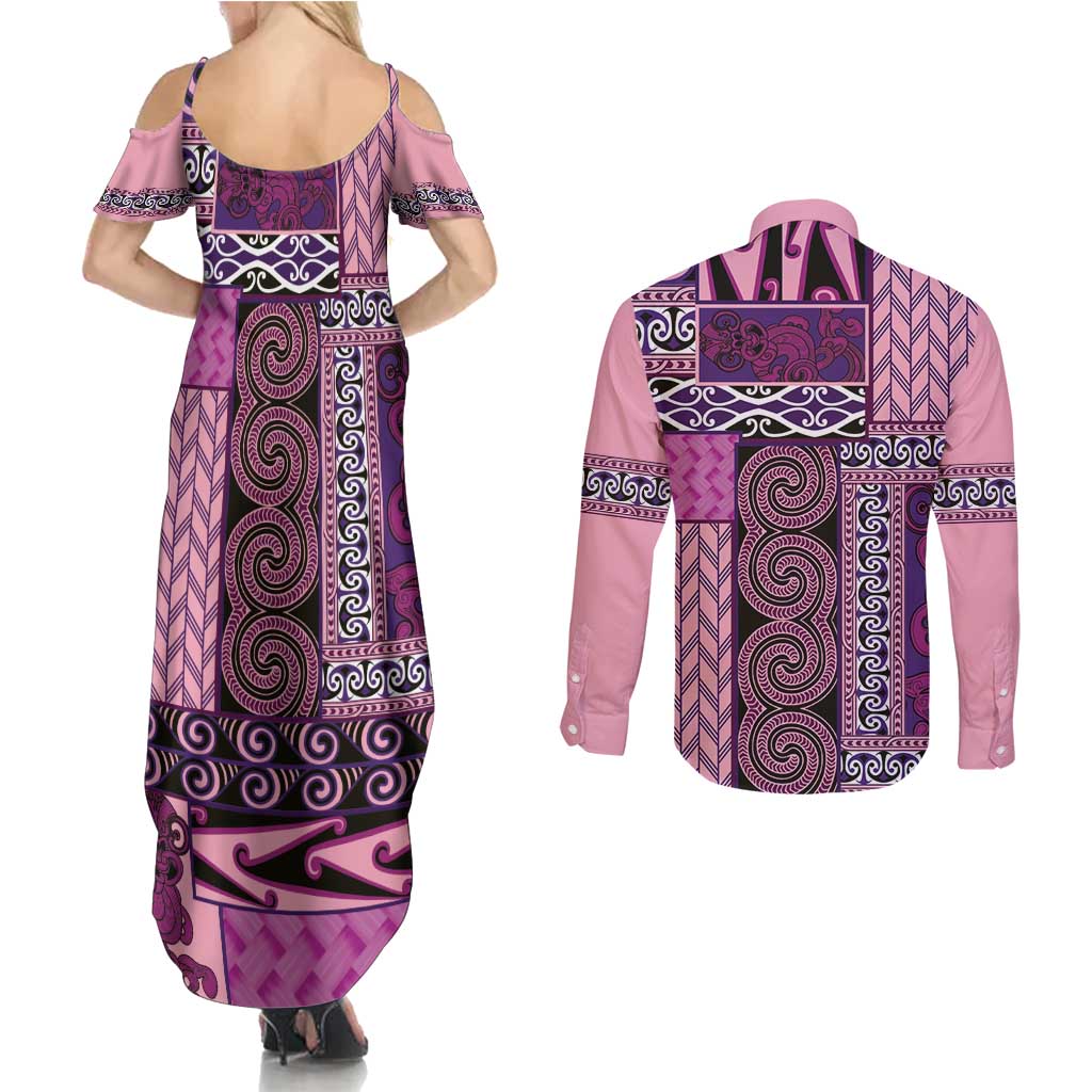 Pink Aotearoa Kowhaiwhai Pattern Couples Matching Summer Maxi Dress and Long Sleeve Button Shirt NZ Maori Quilt Style