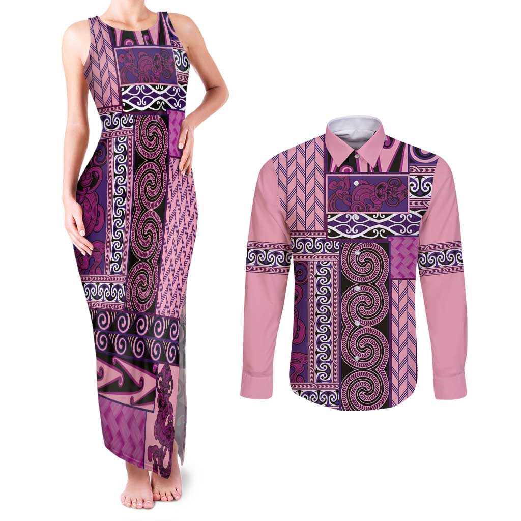 Pink Aotearoa Kowhaiwhai Pattern Couples Matching Tank Maxi Dress and Long Sleeve Button Shirt NZ Maori Quilt Style