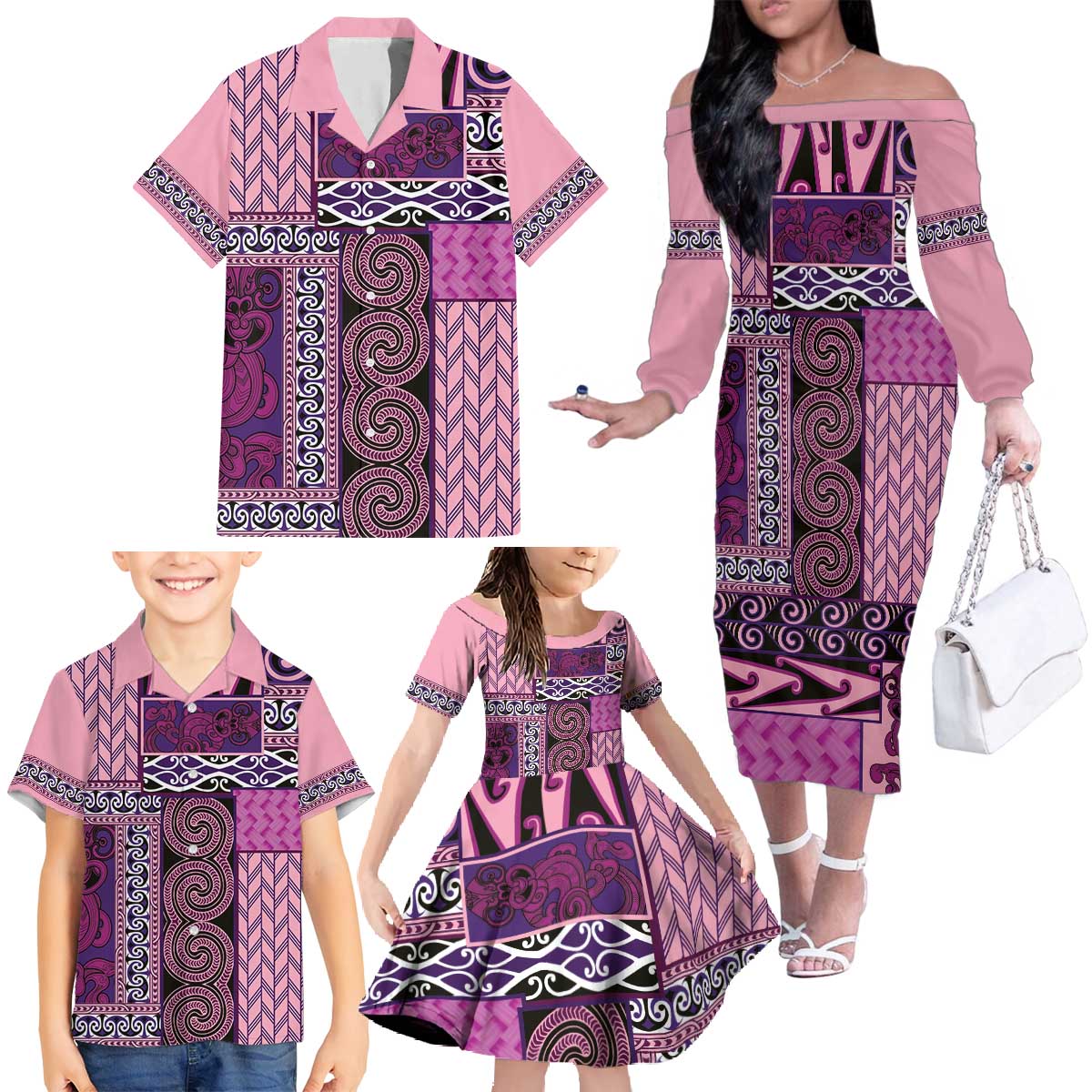 Pink Aotearoa Kowhaiwhai Pattern Family Matching Off The Shoulder Long Sleeve Dress and Hawaiian Shirt NZ Maori Quilt Style