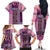 Pink Aotearoa Kowhaiwhai Pattern Family Matching Off The Shoulder Long Sleeve Dress and Hawaiian Shirt NZ Maori Quilt Style