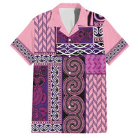Pink Aotearoa Kowhaiwhai Pattern Family Matching Off Shoulder Maxi Dress and Hawaiian Shirt NZ Maori Quilt Style