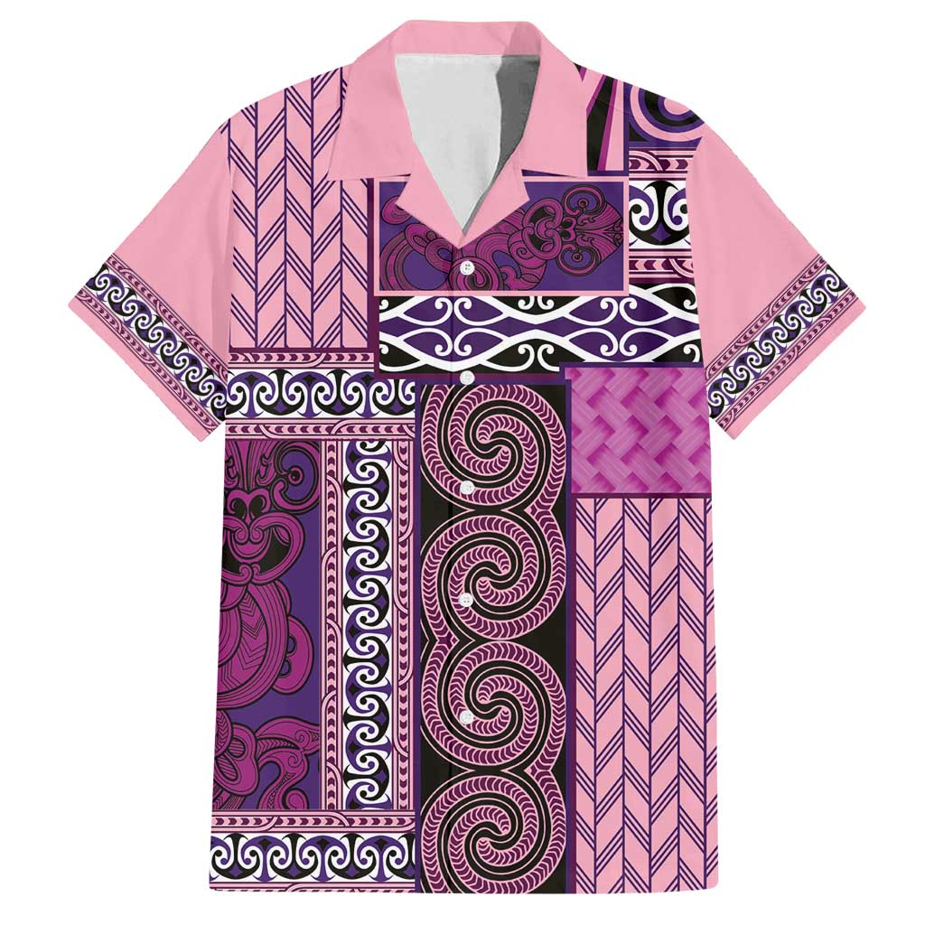 Pink Aotearoa Kowhaiwhai Pattern Family Matching Off Shoulder Short Dress and Hawaiian Shirt NZ Maori Quilt Style