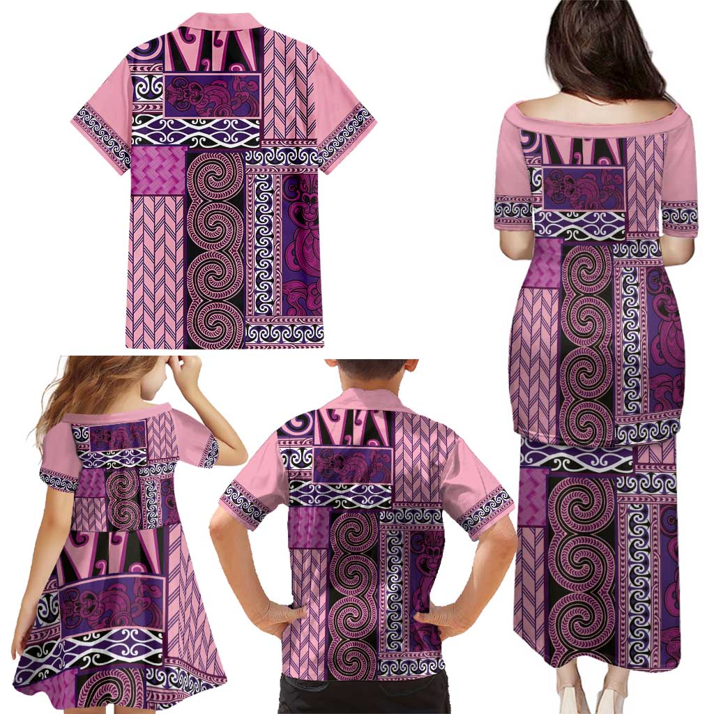 Pink Aotearoa Kowhaiwhai Pattern Family Matching Puletasi and Hawaiian Shirt NZ Maori Quilt Style