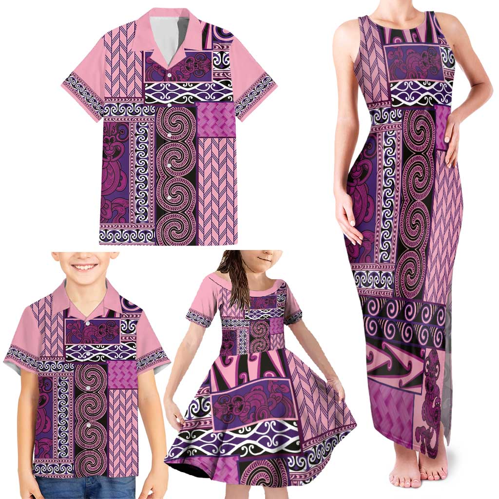 Pink Aotearoa Kowhaiwhai Pattern Family Matching Tank Maxi Dress and Hawaiian Shirt NZ Maori Quilt Style