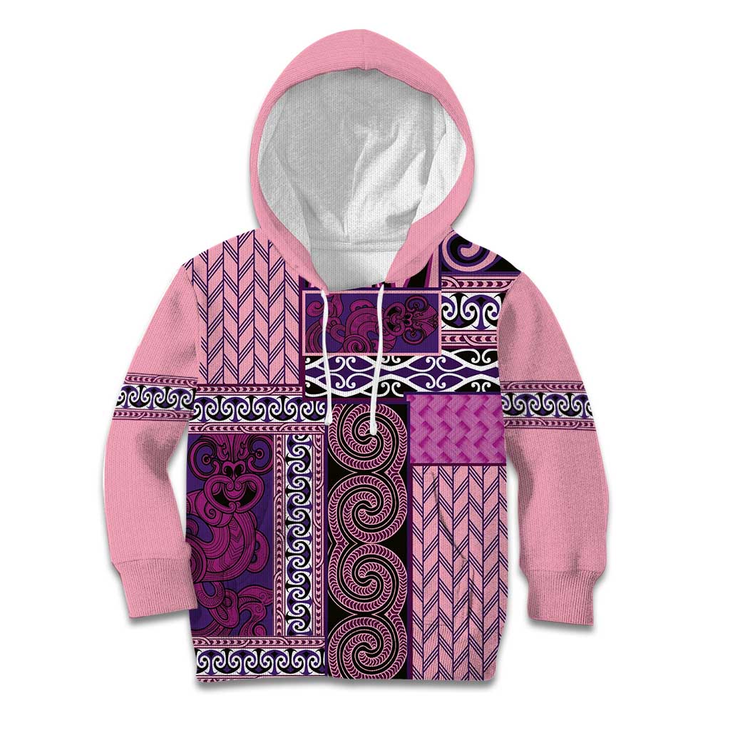 Pink Aotearoa Kowhaiwhai Pattern Kid Hoodie NZ Maori Quilt Style