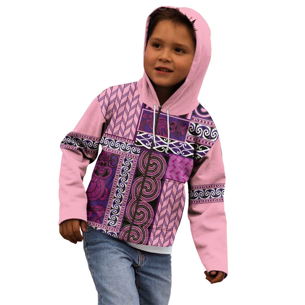 Pink Aotearoa Kowhaiwhai Pattern Kid Hoodie NZ Maori Quilt Style