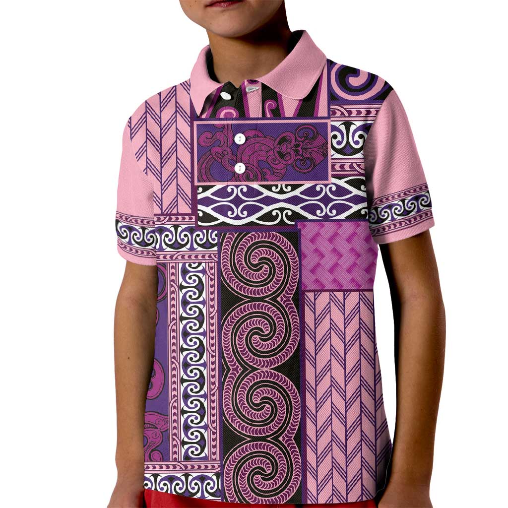 Pink Aotearoa Kowhaiwhai Pattern Kid Polo Shirt NZ Maori Quilt Style