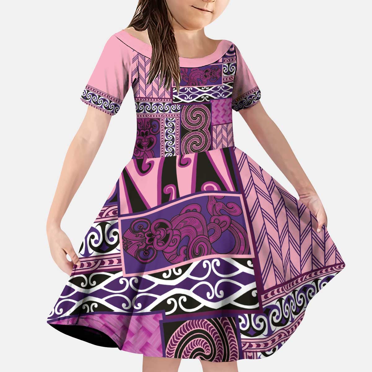 Pink Aotearoa Kowhaiwhai Pattern Kid Short Sleeve Dress NZ Maori Quilt Style