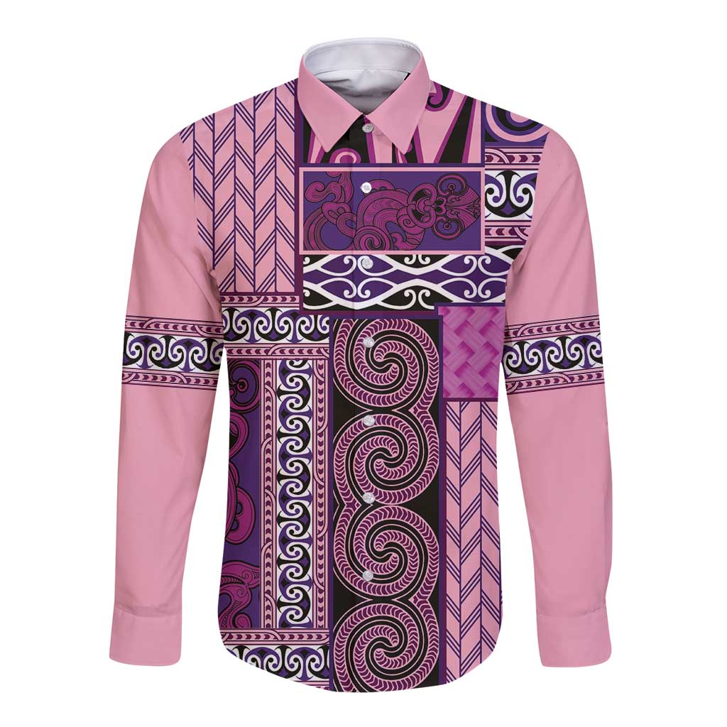 Pink Aotearoa Kowhaiwhai Pattern Long Sleeve Button Shirt NZ Maori Quilt Style