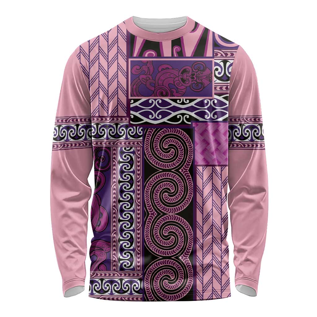 Pink Aotearoa Kowhaiwhai Pattern Long Sleeve Shirt NZ Maori Quilt Style