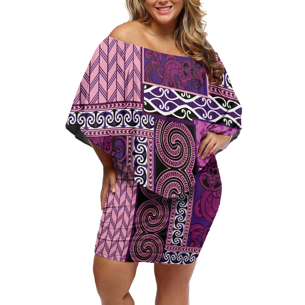 Pink Aotearoa Kowhaiwhai Pattern Off Shoulder Short Dress NZ Maori Quilt Style