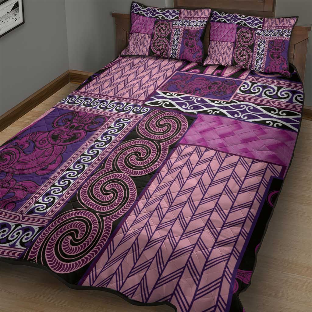 Pink Aotearoa Kowhaiwhai Pattern Quilt Bed Set NZ Maori Quilt Style