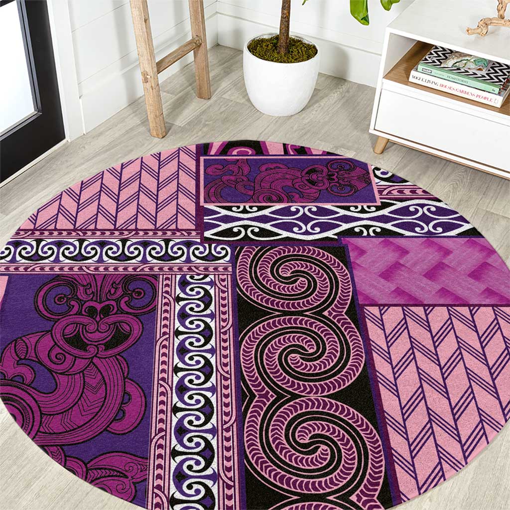 Pink Aotearoa Kowhaiwhai Pattern Round Carpet NZ Maori Quilt Style