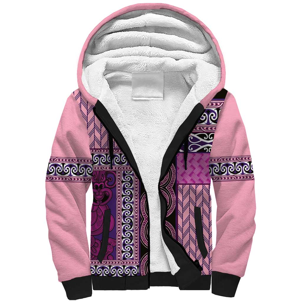 Pink Aotearoa Kowhaiwhai Pattern Sherpa Hoodie NZ Maori Quilt Style