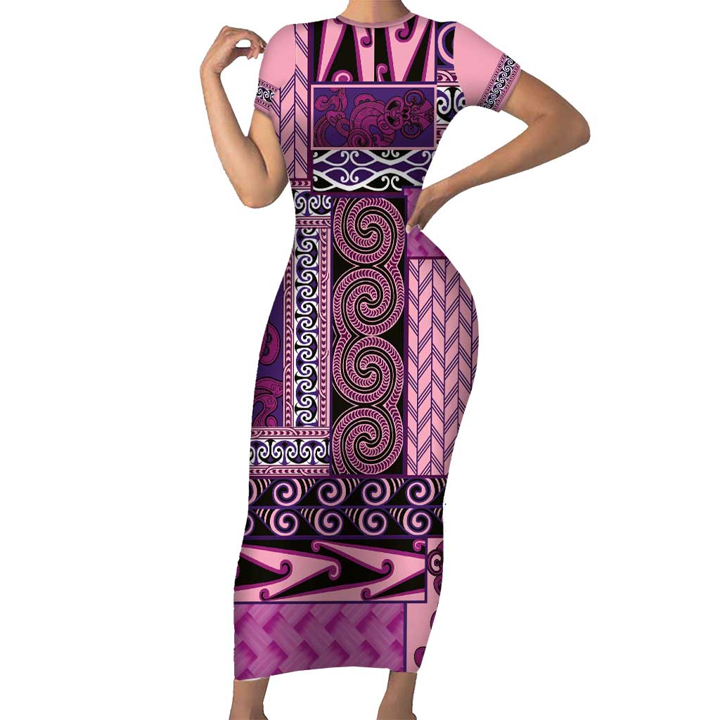 Pink Aotearoa Kowhaiwhai Pattern Short Sleeve Bodycon Dress NZ Maori Quilt Style