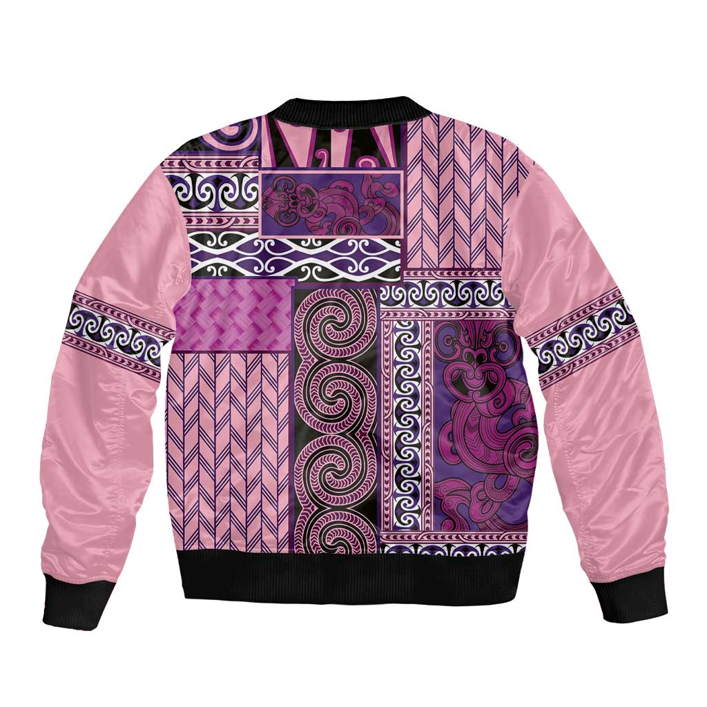 Pink Aotearoa Kowhaiwhai Pattern Sleeve Zip Bomber Jacket NZ Maori Quilt Style