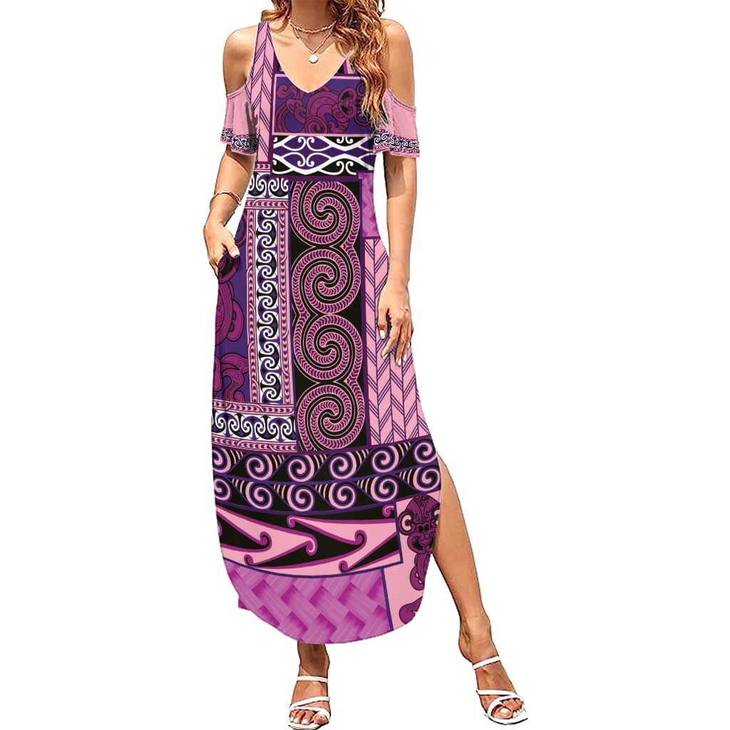 Pink Aotearoa Kowhaiwhai Pattern Summer Maxi Dress NZ Maori Quilt Style