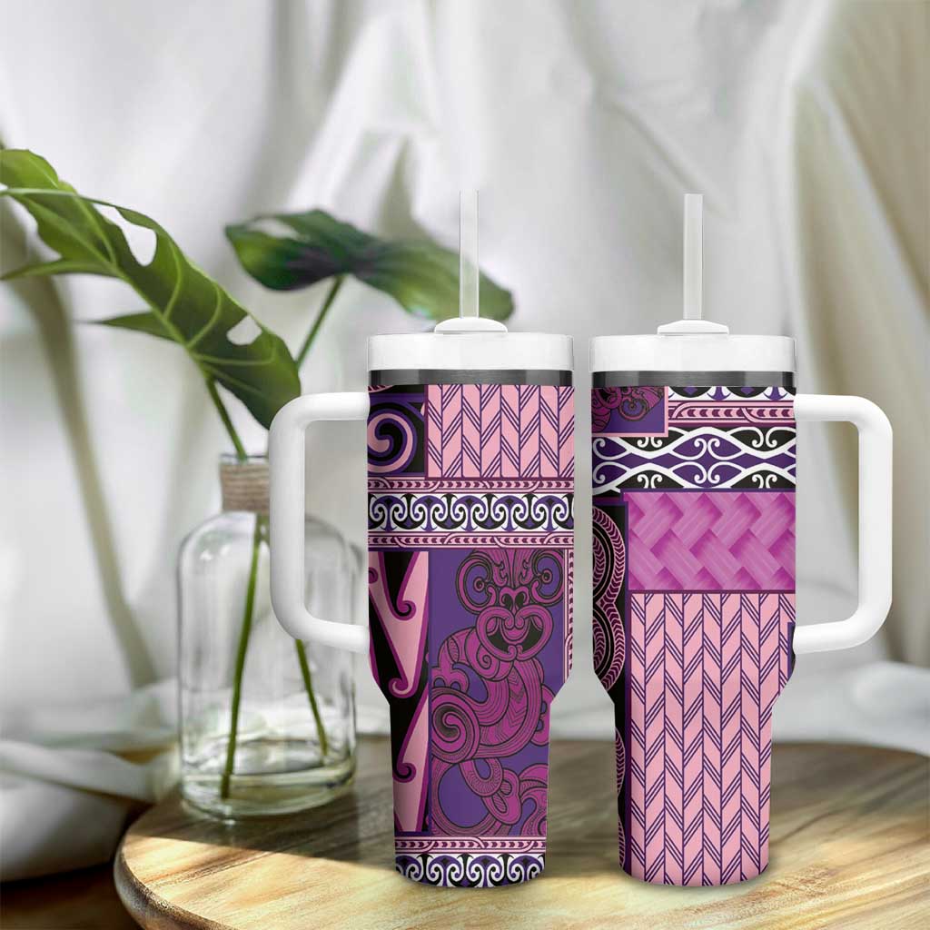 Pink Aotearoa Kowhaiwhai Pattern Tumbler With Handle NZ Maori Quilt Style LT14 - Polynesian Pride