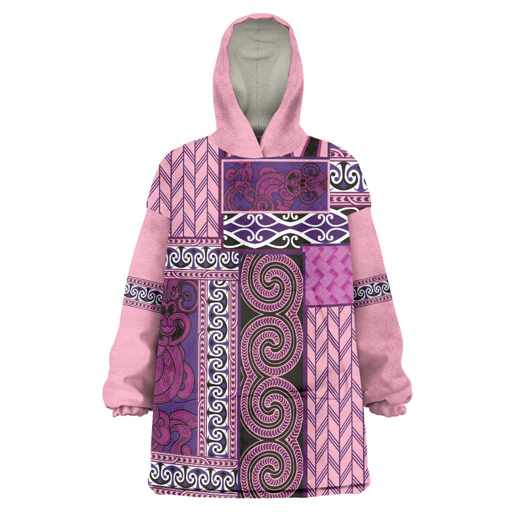 Pink Aotearoa Kowhaiwhai Pattern Wearable Blanket Hoodie NZ Maori Quilt Style