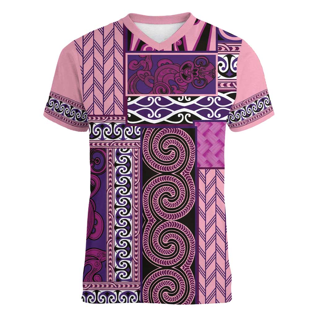 Pink Aotearoa Kowhaiwhai Pattern Women V-Neck T-Shirt NZ Maori Quilt Style