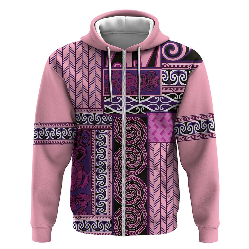 Pink Aotearoa Kowhaiwhai Pattern Zip Hoodie NZ Maori Quilt Style