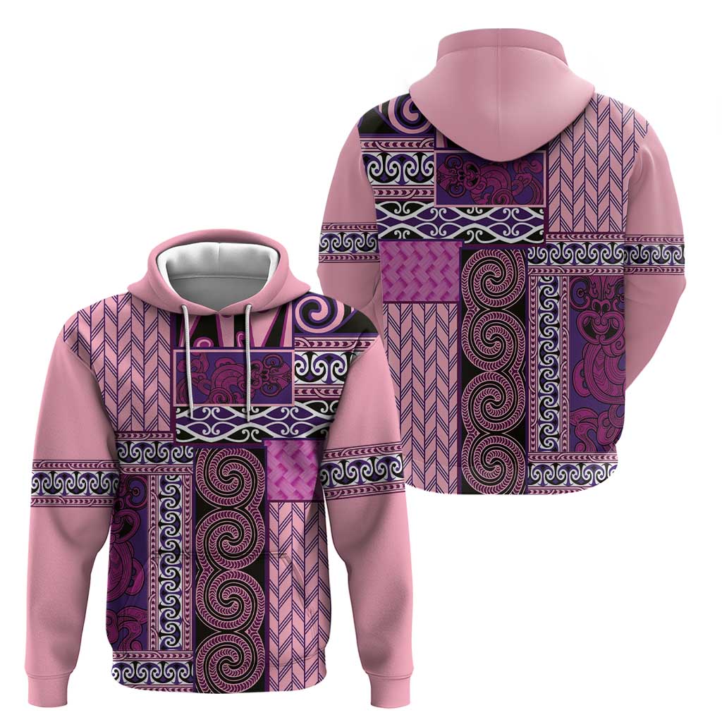 Pink Aotearoa Kowhaiwhai Pattern Zip Hoodie NZ Maori Quilt Style