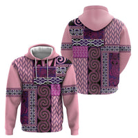 Pink Aotearoa Kowhaiwhai Pattern Zip Hoodie NZ Maori Quilt Style