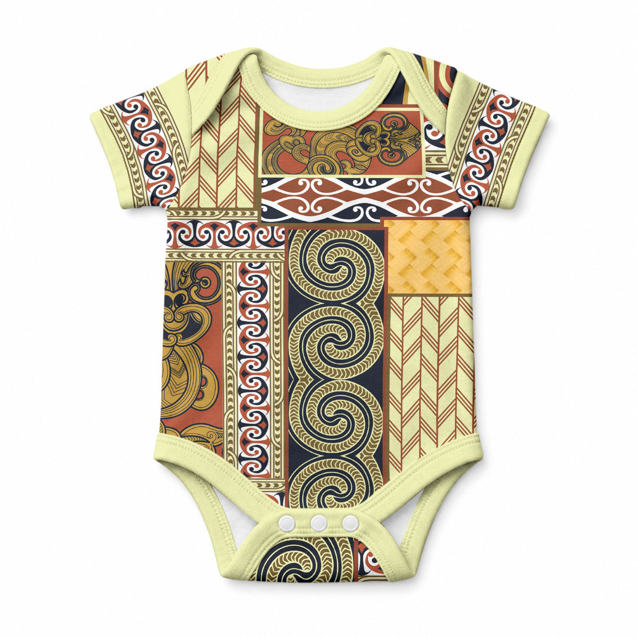 Yellow Aotearoa Kowhaiwhai Pattern Baby Onesie NZ Maori Quilt Style
