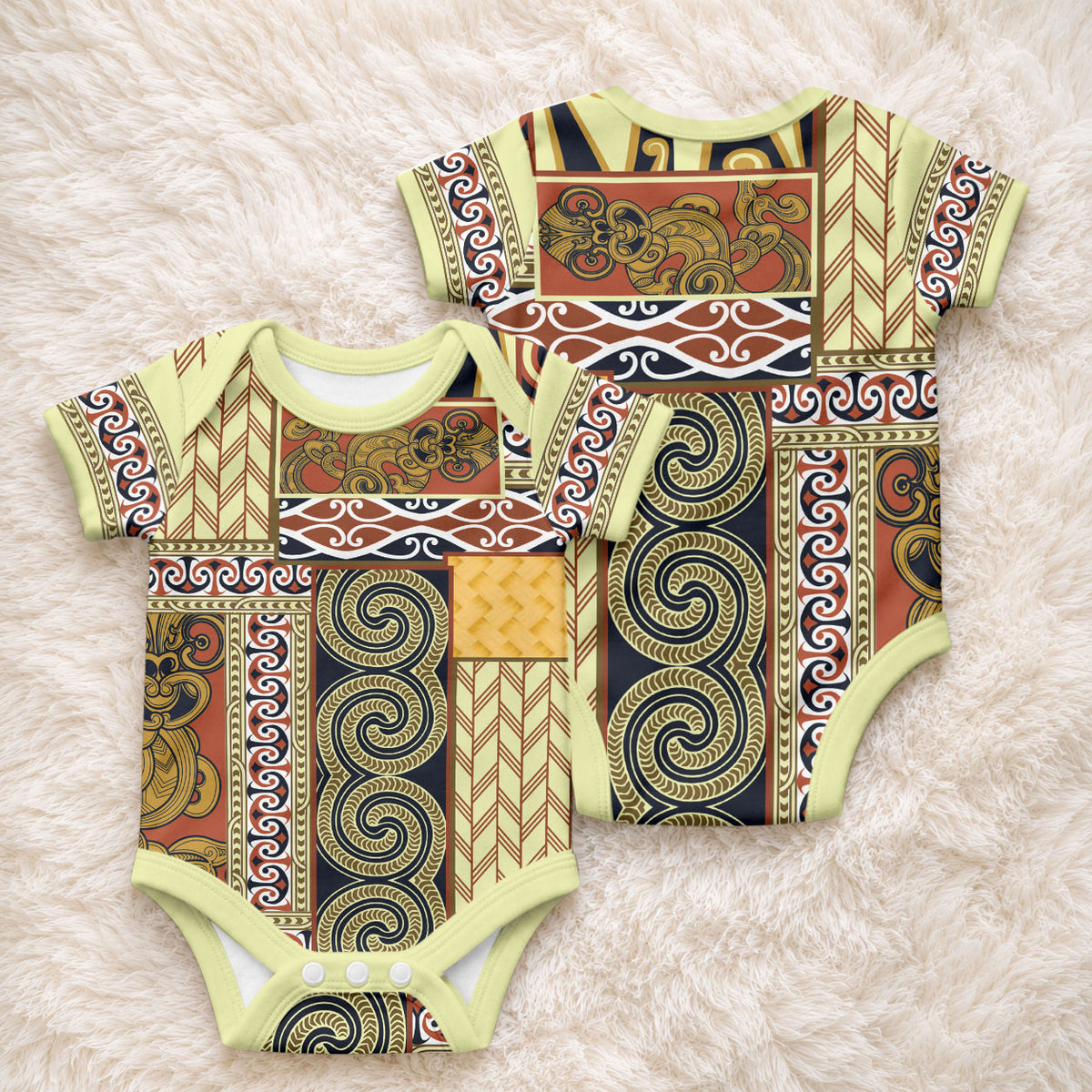 Yellow Aotearoa Kowhaiwhai Pattern Baby Onesie NZ Maori Quilt Style