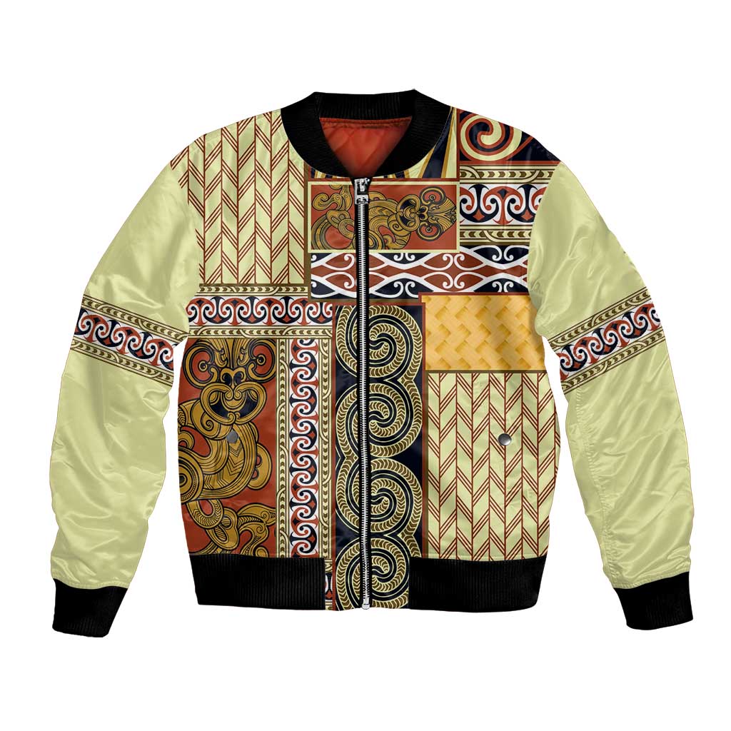 Yellow Aotearoa Kowhaiwhai Pattern Bomber Jacket NZ Maori Quilt Style