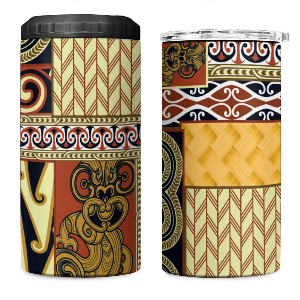 Yellow Aotearoa Kowhaiwhai Pattern 4 in 1 Can Cooler Tumbler NZ Maori Quilt Style