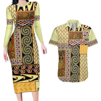 Yellow Aotearoa Kowhaiwhai Pattern Couples Matching Long Sleeve Bodycon Dress and Hawaiian Shirt NZ Maori Quilt Style LT14 Yellow - Polynesian Pride