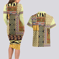 Yellow Aotearoa Kowhaiwhai Pattern Couples Matching Long Sleeve Bodycon Dress and Hawaiian Shirt NZ Maori Quilt Style LT14 - Polynesian Pride