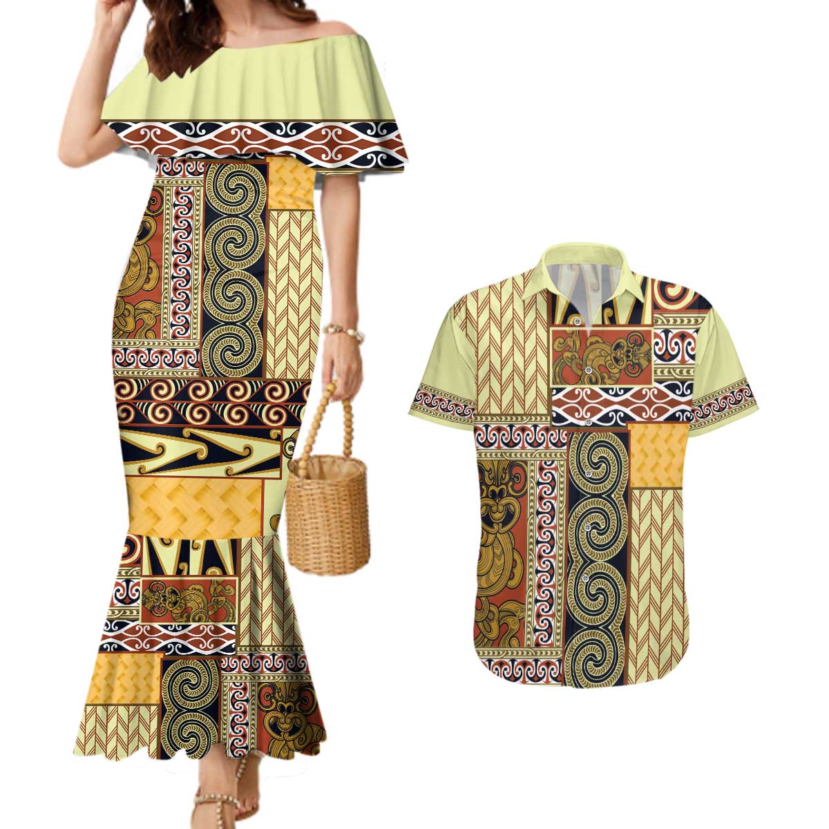 Yellow Aotearoa Kowhaiwhai Pattern Couples Matching Mermaid Dress and Hawaiian Shirt NZ Maori Quilt Style