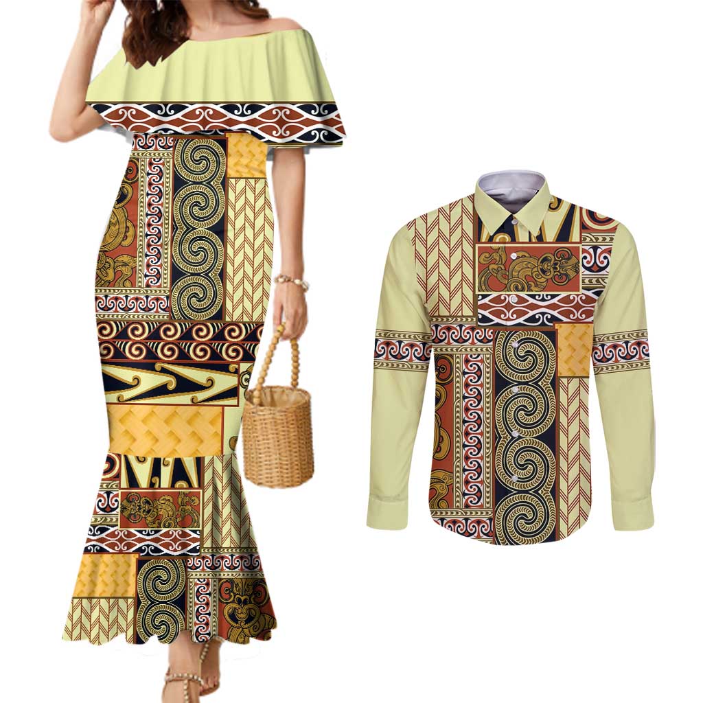 Yellow Aotearoa Kowhaiwhai Pattern Couples Matching Mermaid Dress and Long Sleeve Button Shirt NZ Maori Quilt Style