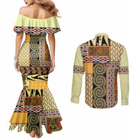 Yellow Aotearoa Kowhaiwhai Pattern Couples Matching Mermaid Dress and Long Sleeve Button Shirt NZ Maori Quilt Style LT14 - Polynesian Pride