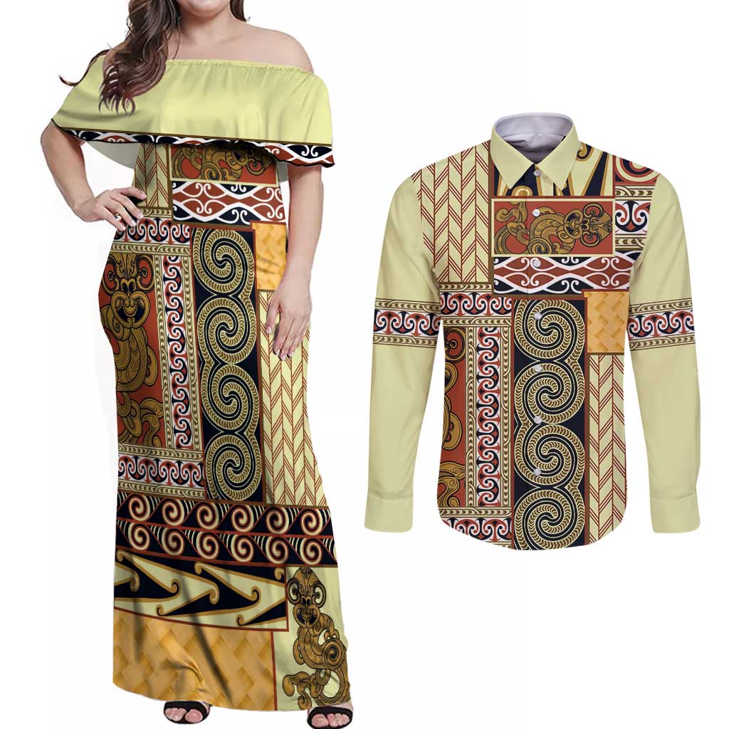 Yellow Aotearoa Kowhaiwhai Pattern Couples Matching Off Shoulder Maxi Dress and Long Sleeve Button Shirt NZ Maori Quilt Style