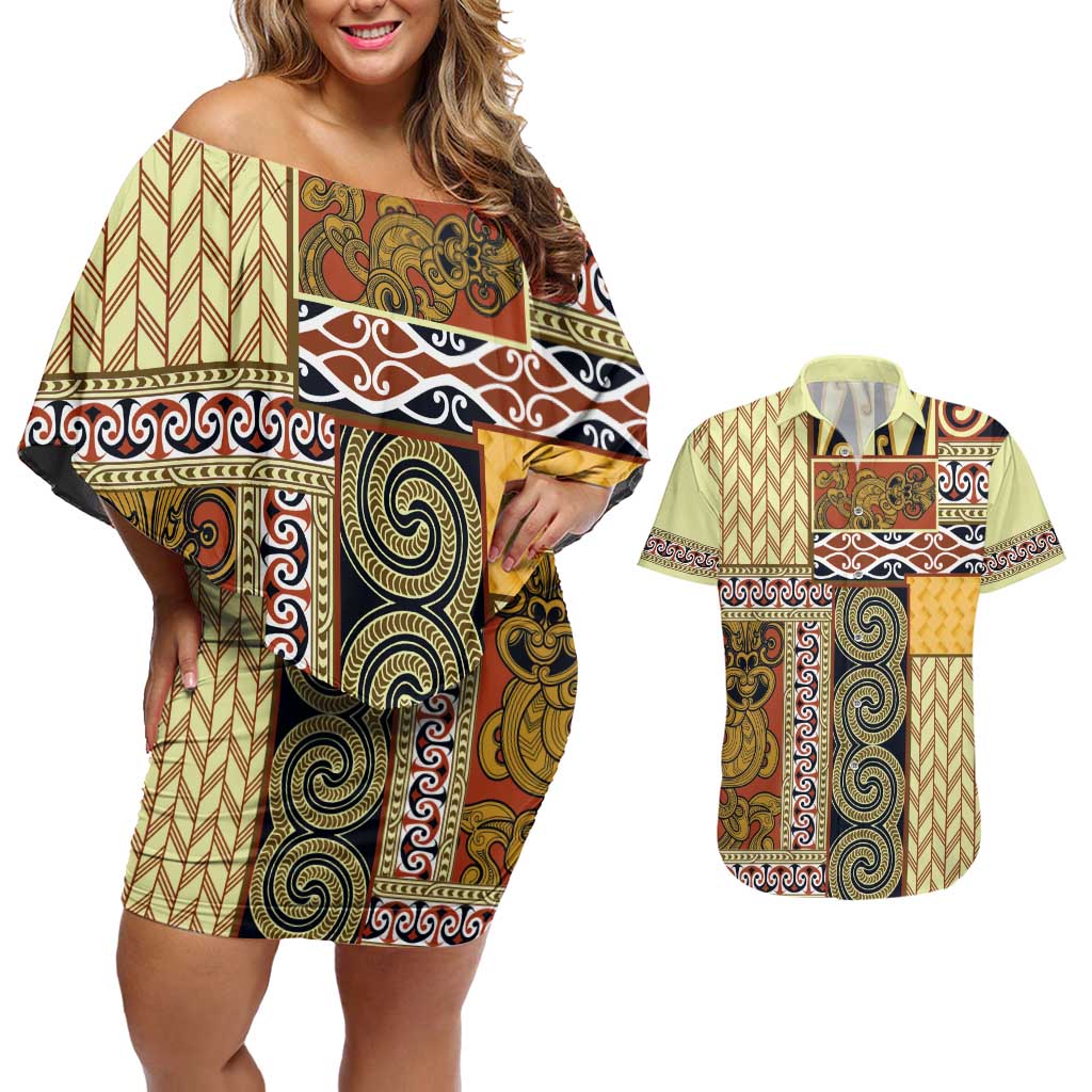 Yellow Aotearoa Kowhaiwhai Pattern Couples Matching Off Shoulder Short Dress and Hawaiian Shirt NZ Maori Quilt Style