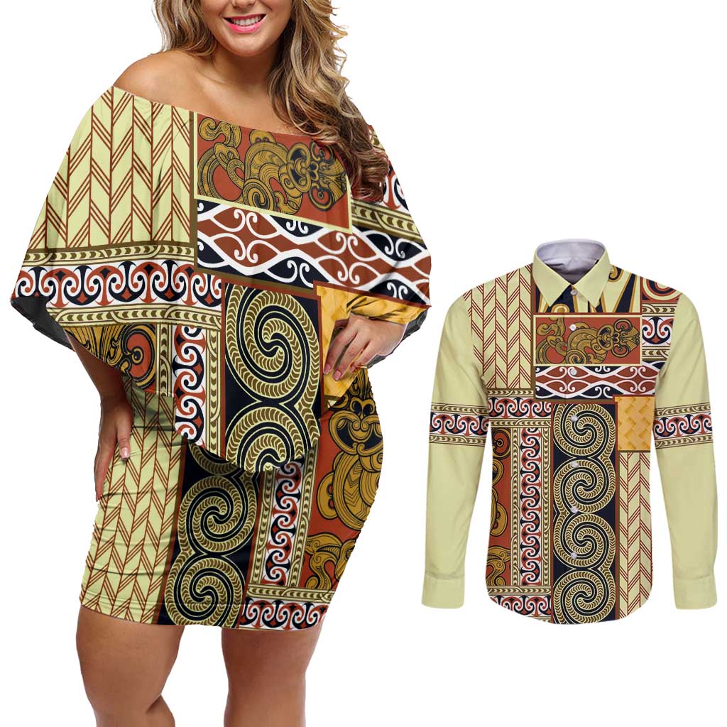Yellow Aotearoa Kowhaiwhai Pattern Couples Matching Off Shoulder Short Dress and Long Sleeve Button Shirt NZ Maori Quilt Style LT14 Yellow - Polynesian Pride