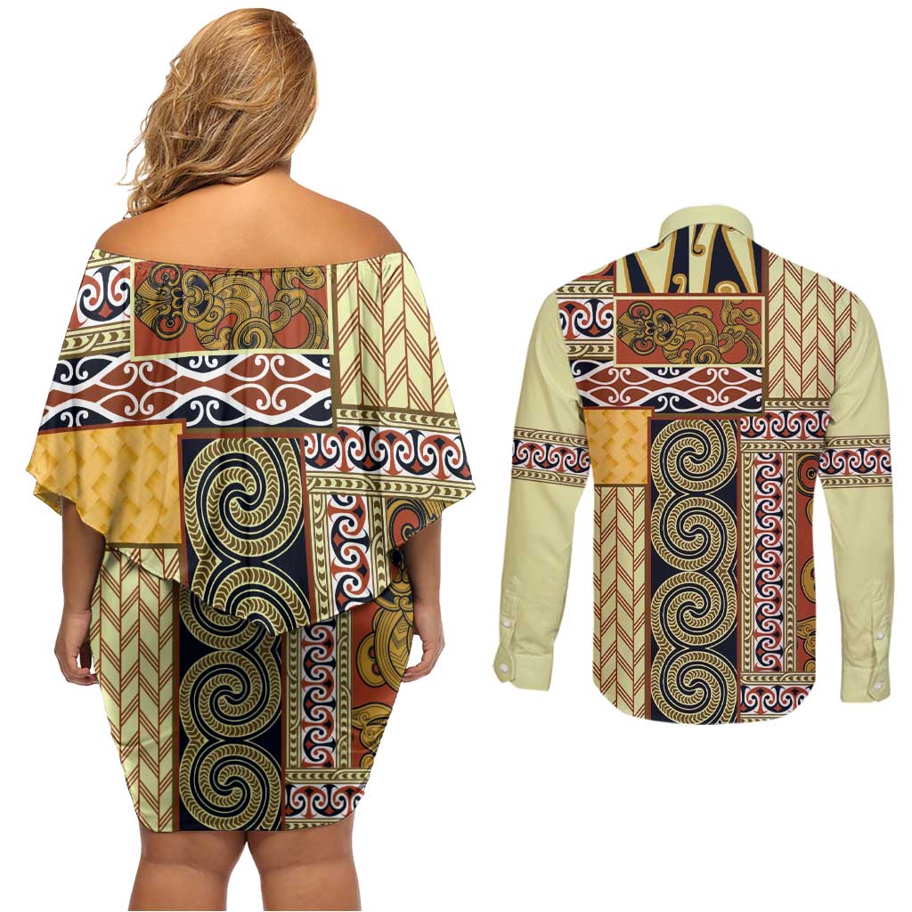 Yellow Aotearoa Kowhaiwhai Pattern Couples Matching Off Shoulder Short Dress and Long Sleeve Button Shirt NZ Maori Quilt Style LT14 - Polynesian Pride