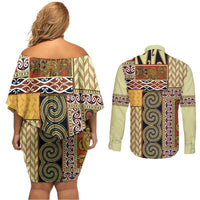 Yellow Aotearoa Kowhaiwhai Pattern Couples Matching Off Shoulder Short Dress and Long Sleeve Button Shirt NZ Maori Quilt Style LT14 - Polynesian Pride