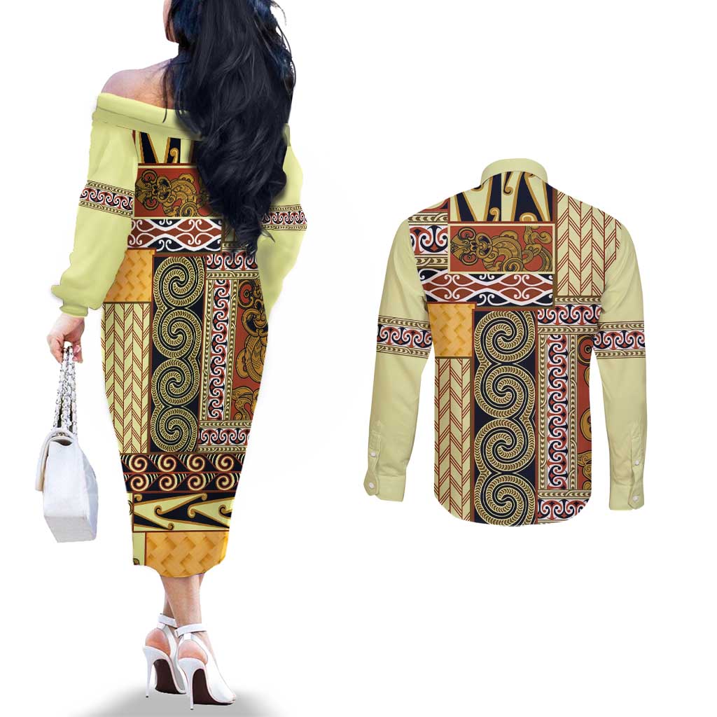 Yellow Aotearoa Kowhaiwhai Pattern Couples Matching Off The Shoulder Long Sleeve Dress and Long Sleeve Button Shirt NZ Maori Quilt Style LT14 - Polynesian Pride