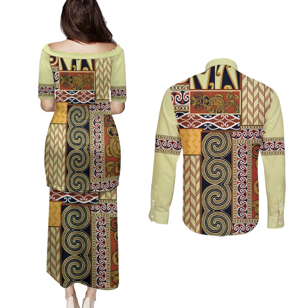 Yellow Aotearoa Kowhaiwhai Pattern Couples Matching Puletasi and Long Sleeve Button Shirt NZ Maori Quilt Style