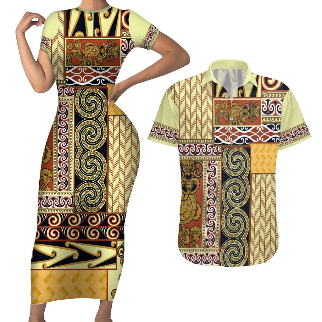 Yellow Aotearoa Kowhaiwhai Pattern Couples Matching Short Sleeve Bodycon Dress and Hawaiian Shirt NZ Maori Quilt Style LT14 Yellow - Polynesian Pride