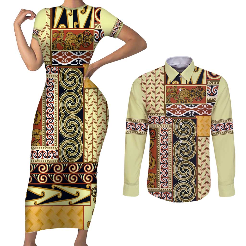 Yellow Aotearoa Kowhaiwhai Pattern Couples Matching Short Sleeve Bodycon Dress and Long Sleeve Button Shirt NZ Maori Quilt Style